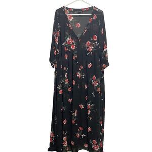 Torrid Women's Roll Tab Sleeve Challis Button Front Maxi Dress Floral 2S Black